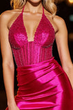Sparkly Fuchsia Corset Tight Satin Short Homecoming Dress with Beading