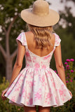 White Corset Floral Short Homecoming Dress with Sleeves