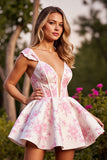 White Corset Floral Short Homecoming Dress with Sleeves