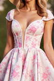 White Corset Floral Short Homecoming Dress with Sleeves