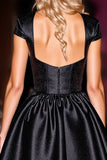 Black Corset Satin Cap Sleeves Short Homecoming Dress