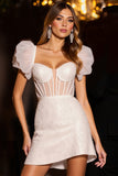 Ivory Corset Tulle Bodycon Short Homecoming Dress with Sleeves