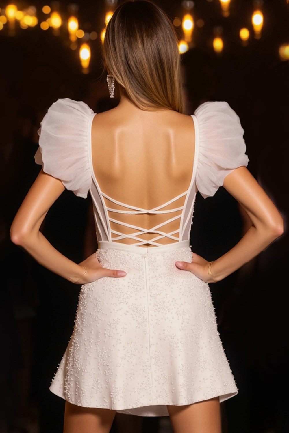 Ivory Corset Tulle Bodycon Short Homecoming Dress with Sleeves