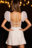 Ivory Corset Tulle Bodycon Short Homecoming Dress with Sleeves
