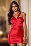 Red Tight Satin Short Halter Homecoming Dress