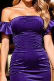 Dark Purple Tight Velvet Off the Shoulder Short Homecoming Dress with Ruffles