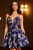 Navy Satin A Line Spaghetti Straps Floral Short Homecoming Dress