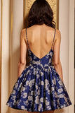 Navy Satin A Line Spaghetti Straps Floral Short Homecoming Dress