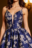 Navy Satin A Line Spaghetti Straps Floral Short Homecoming Dress