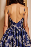 Navy Satin A Line Spaghetti Straps Floral Short Homecoming Dress