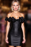 Black Ruffled Tight Off the Shoulder Satin Short Homecoming Dress