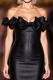 Black Ruffled Tight Off the Shoulder Satin Short Homecoming Dress