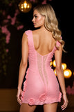Pink Tight Short Homecoming Dress with 3D Flowers