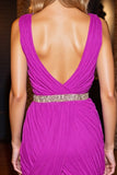 Sparkly Fuchsia Tight V-Neck Beaded Short Homecoming Dress