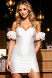 White Satin Short Tight Homecoming Dress with 3D Flowers