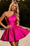 Satin Fuchsia A Line One Shoulder Short Homecoming Dress
