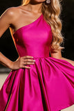 Satin Fuchsia A Line One Shoulder Short Homecoming Dress