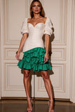 White and Green Bodycon Satin Short Tiered Homecoming Dress with Ruffles