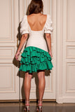 White and Green Bodycon Satin Short Tiered Homecoming Dress with Ruffles
