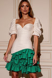 White and Green Bodycon Satin Short Tiered Homecoming Dress with Ruffles