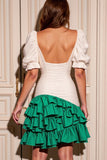 White and Green Bodycon Satin Short Tiered Homecoming Dress with Ruffles