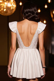 Sparkly Ivory Corset Satin A Line Short Homecoming Dress with Cap Sleeves