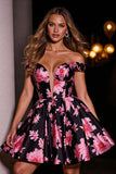 Black and Pink Floral A Line Off the Shoulder Short Satin Homecoming Dress