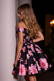 Black and Pink Floral A Line Off the Shoulder Short Satin Homecoming Dress