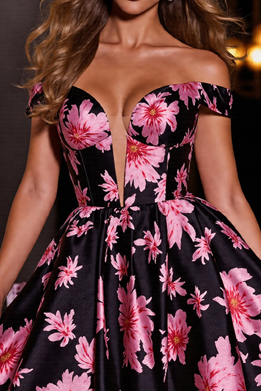 Black and Pink Floral A Line Off the Shoulder Short Satin Homecoming Dress