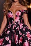 Black and Pink Floral A Line Off the Shoulder Short Satin Homecoming Dress