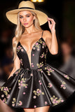 Black Satin Corset Floral A Line Short Homecoming Dress