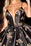Black Satin Corset Floral A Line Short Homecoming Dress