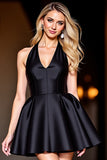Black Satin Halter Short A Line Homecoming Dress