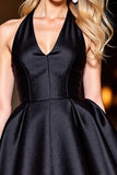 Black Satin Halter Short A Line Homecoming Dress