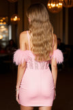 Pink Corset Tight Short Homecoming Dress with Feathers