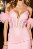 Pink Corset Tight Short Homecoming Dress with Feathers