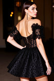 Black A Line Corset Off the Shoulder Short Homecoming Dress with Appliques