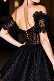 Black A Line Corset Off the Shoulder Short Homecoming Dress with Appliques