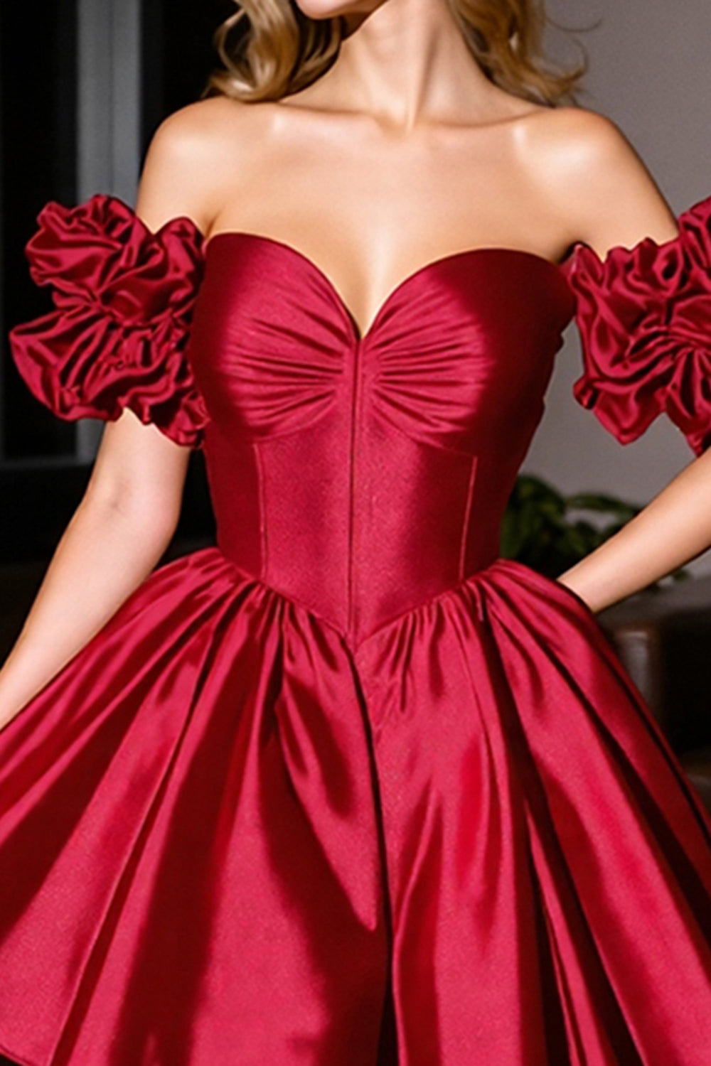 Burgundy Satin A Line Short Homecoming Dress with Ruffles