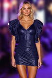 Sparkly Navy Corset Sequin Tight Short Homecoming Dress with Ruffles