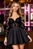 Sparkly Black A Line Short Corset Homecoming Dress with Lace Sleeves
