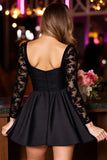 Sparkly Black A Line Short Corset Homecoming Dress with Lace Sleeves