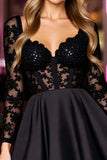 Sparkly Black A Line Short Corset Homecoming Dress with Lace Sleeves