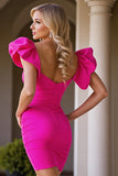 Fuchsia Tight Satin V-Neck Short Homecoming Dress with Ruffles