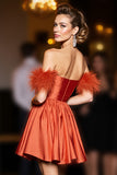 Orange Satin A Line Short Homecoming Dress with Feathers