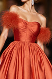 Orange Satin A Line Short Homecoming Dress with Feathers
