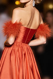 Orange Satin A Line Short Homecoming Dress with Feathers