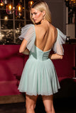 Green A Line Short Backless Homecoming Dress with Ruffles