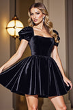 Black A Line Square Neck Short Homecoming Dress with Sleeves