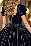 Black A Line Square Neck Short Homecoming Dress with Sleeves
